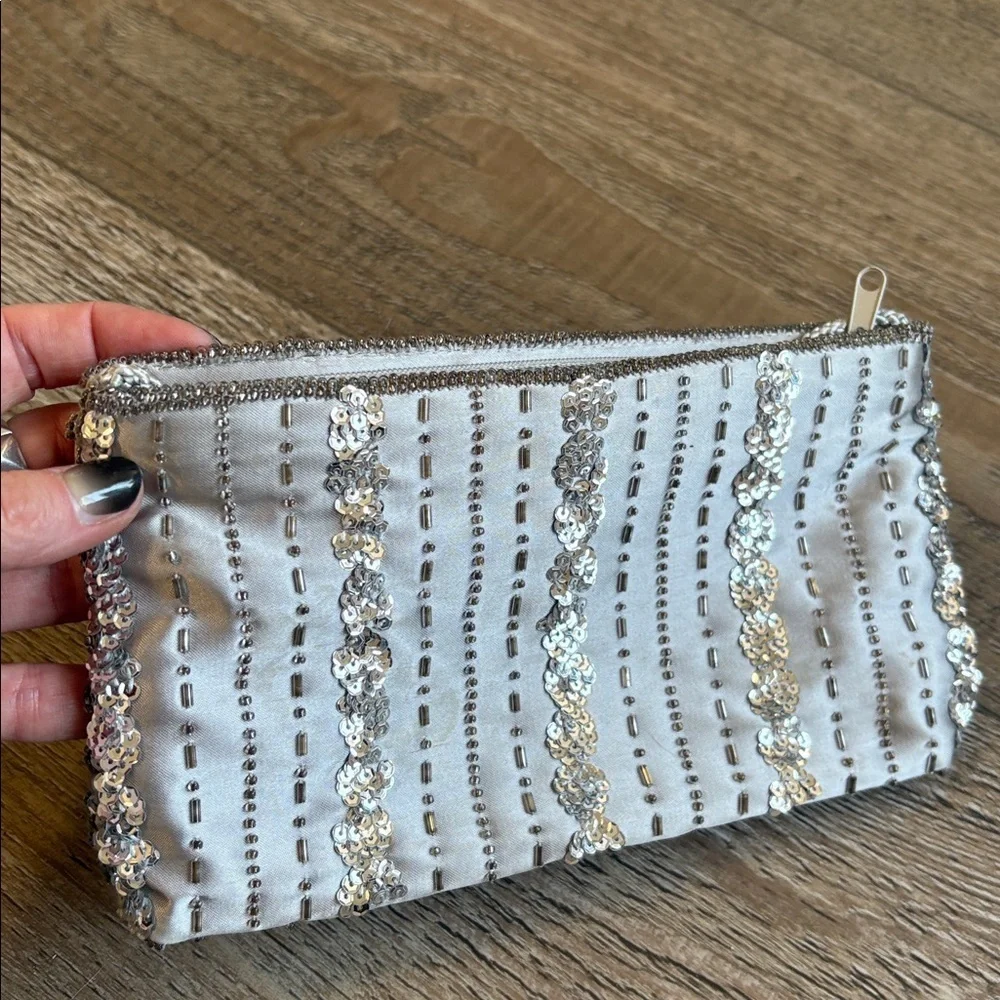 Vintage Valerie Stevens Silver Satin Clutch w Sequin & Beaded Details & Strap